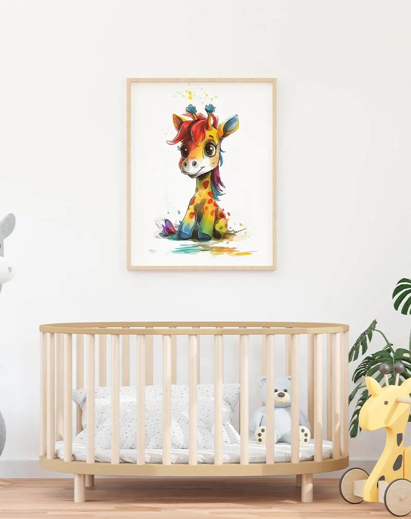 A colorful illustration of a cute giraffe with rainbow spots and a playful expression. Perfect wall art for kids' rooms or anyone who enjoys a burst of color and fun