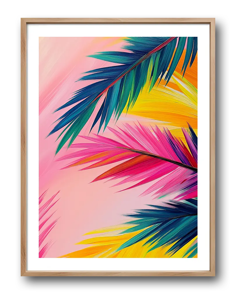 A tropical-inspired illustration featuring bold, colorful palm leaves in shades of pink, green, and yellow against a soft gradient background. The vibrant hues bring a sense of warmth and tropical vibes to the composition, making it a striking wall art. Perfect poster for brightening up living spaces with a burst of color.