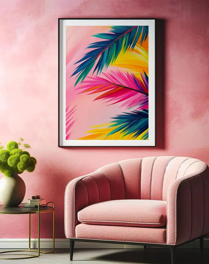 A tropical-inspired illustration featuring bold, colorful palm leaves in shades of pink, green, and yellow against a soft gradient background. The vibrant hues bring a sense of warmth and tropical vibes to the composition, making it a striking wall art. Perfect poster for brightening up living spaces with a burst of color.