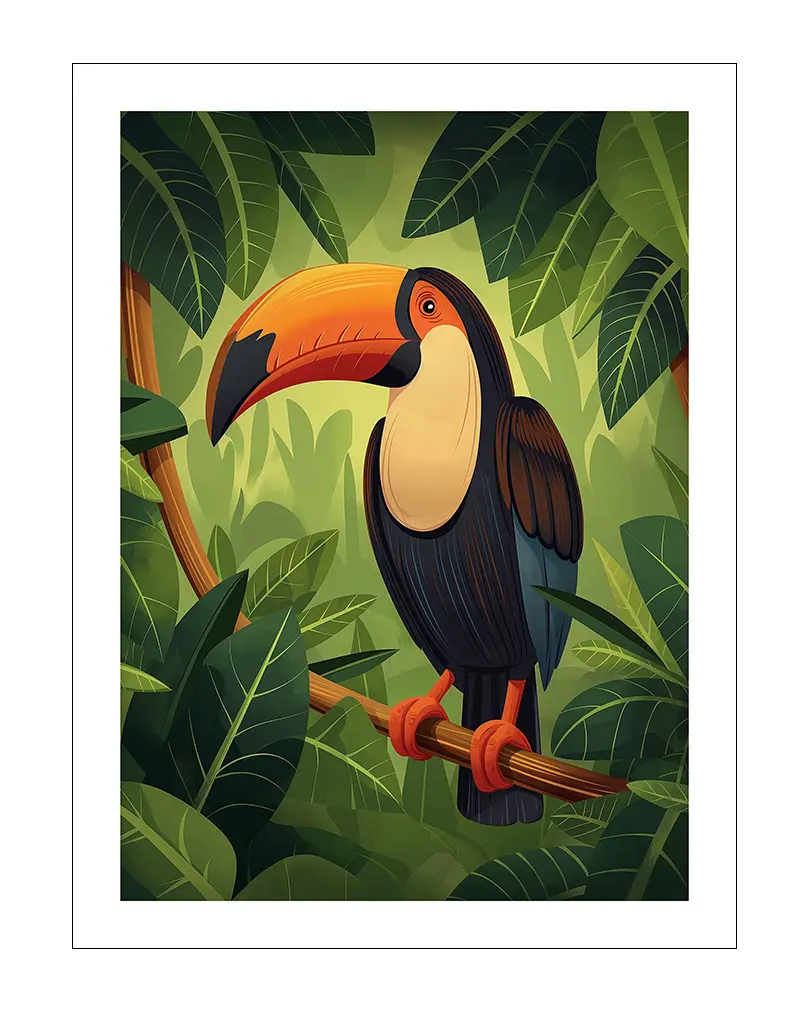 A vibrant illustration of a toucan perched on a branch amidst lush green jungle leaves. Perfect wall art or poster for nature lovers or anyone looking to bring a tropical vibe to their space