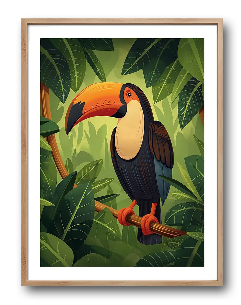 A vibrant illustration of a toucan perched on a branch amidst lush green jungle leaves. Perfect wall art or poster for nature lovers or anyone looking to bring a tropical vibe to their space