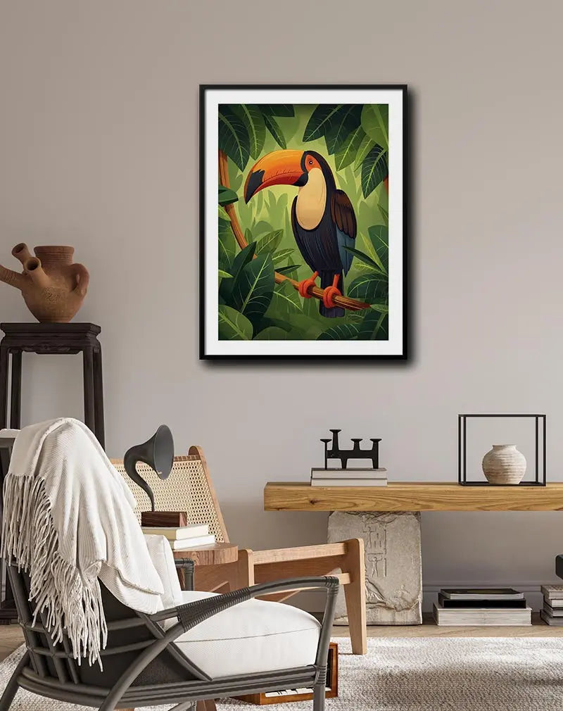 A vibrant illustration of a toucan perched on a branch amidst lush green jungle leaves. Perfect wall art or poster for nature lovers or anyone looking to bring a tropical vibe to their space