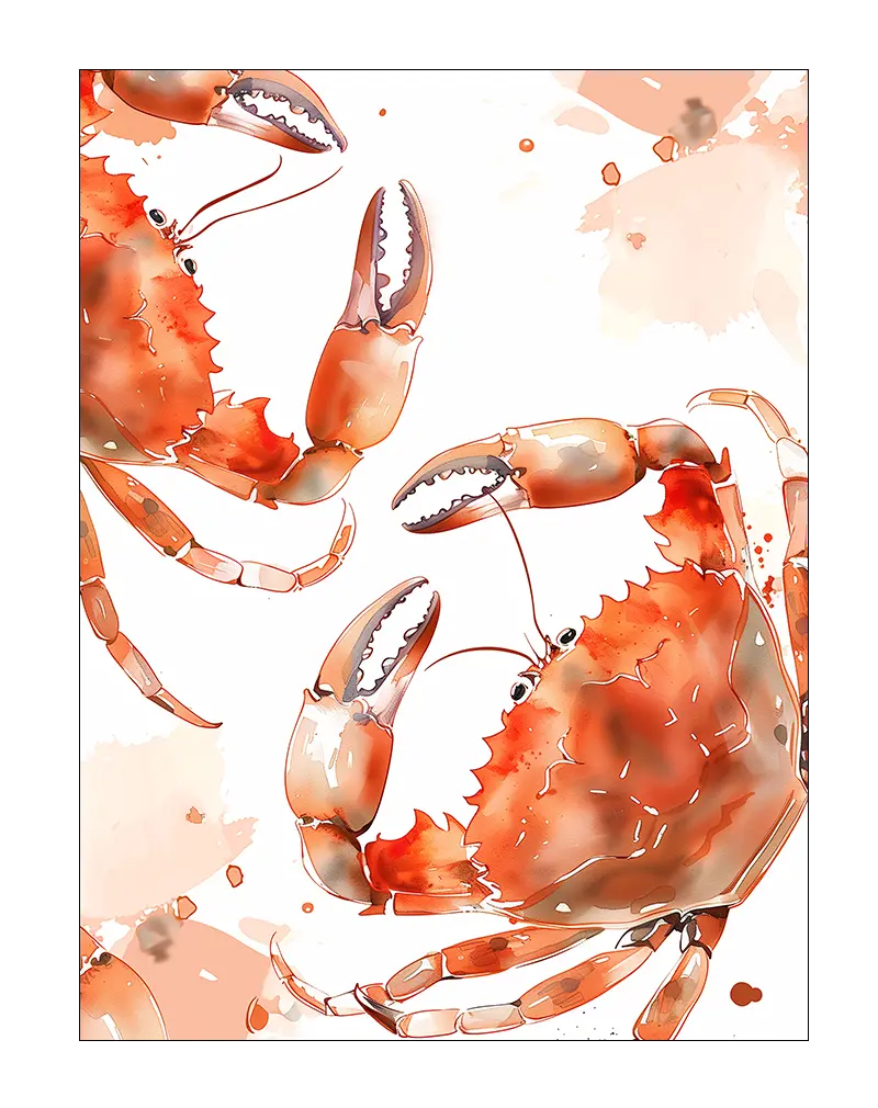 A vibrant watercolor illustration of crabs in orange tones. Perfect wall art for coastal or ocean-themed decor, adding a lively and artistic touch to your space