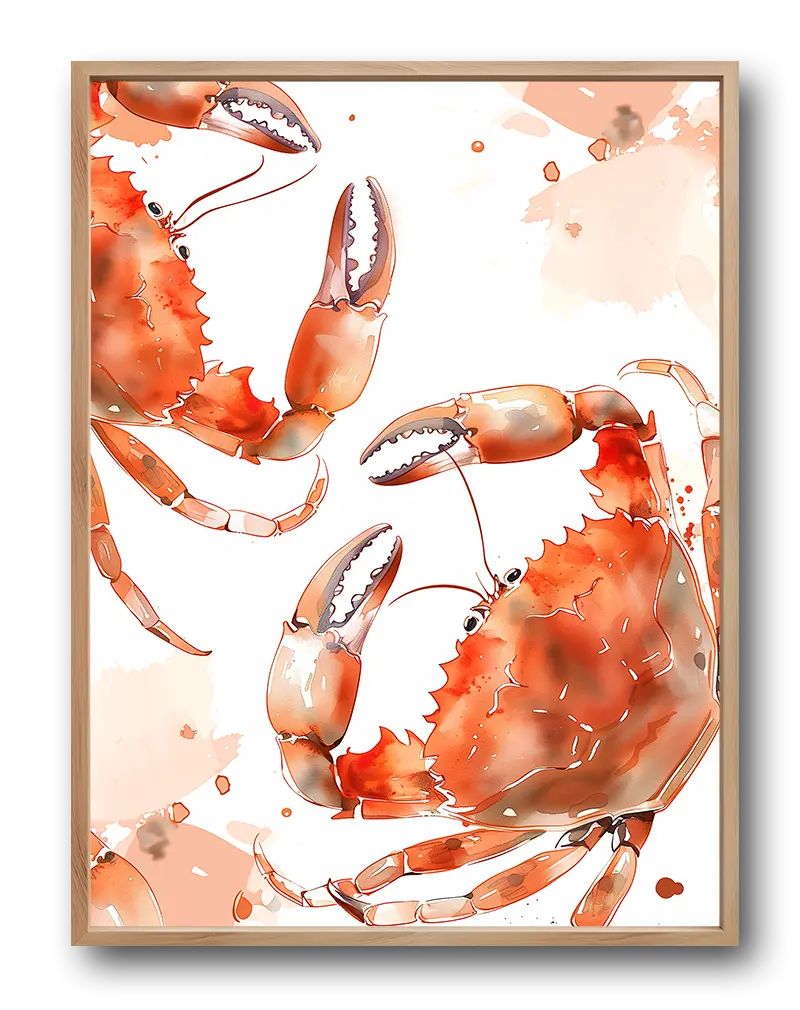 A vibrant watercolor illustration of crabs in orange tones. Perfect wall art for coastal or ocean-themed decor, adding a lively and artistic touch to your space