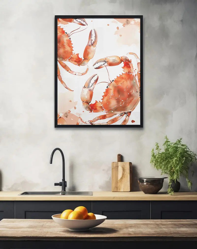 A vibrant watercolor illustration of crabs in orange tones. Perfect wall art for coastal or ocean-themed decor, adding a lively and artistic touch to your space