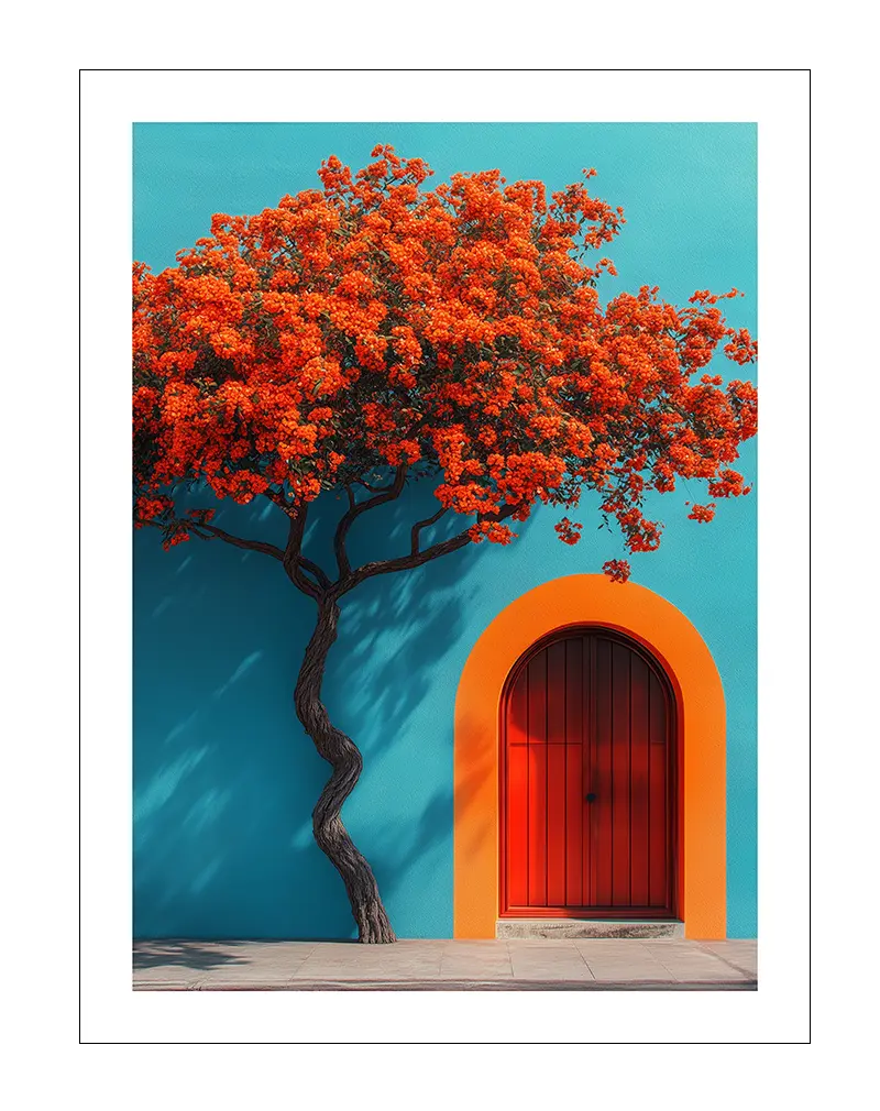 A vibrant wall art illustration featuring a red-blooming tree next to a bold red arched door set against a bright turquoise wall. The striking colors and minimalist architectural details create a visually captivating poster, perfect for adding a pop of color and energy to any space