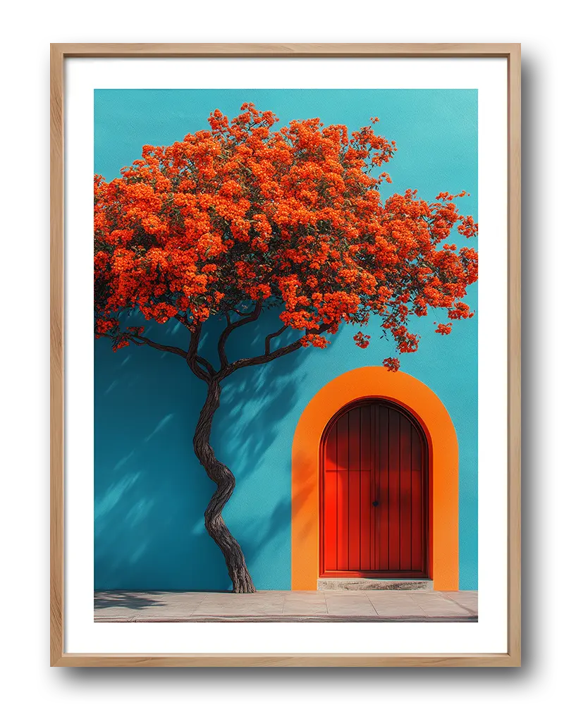 A vibrant wall art illustration featuring a red-blooming tree next to a bold red arched door set against a bright turquoise wall. The striking colors and minimalist architectural details create a visually captivating poster, perfect for adding a pop of color and energy to any space