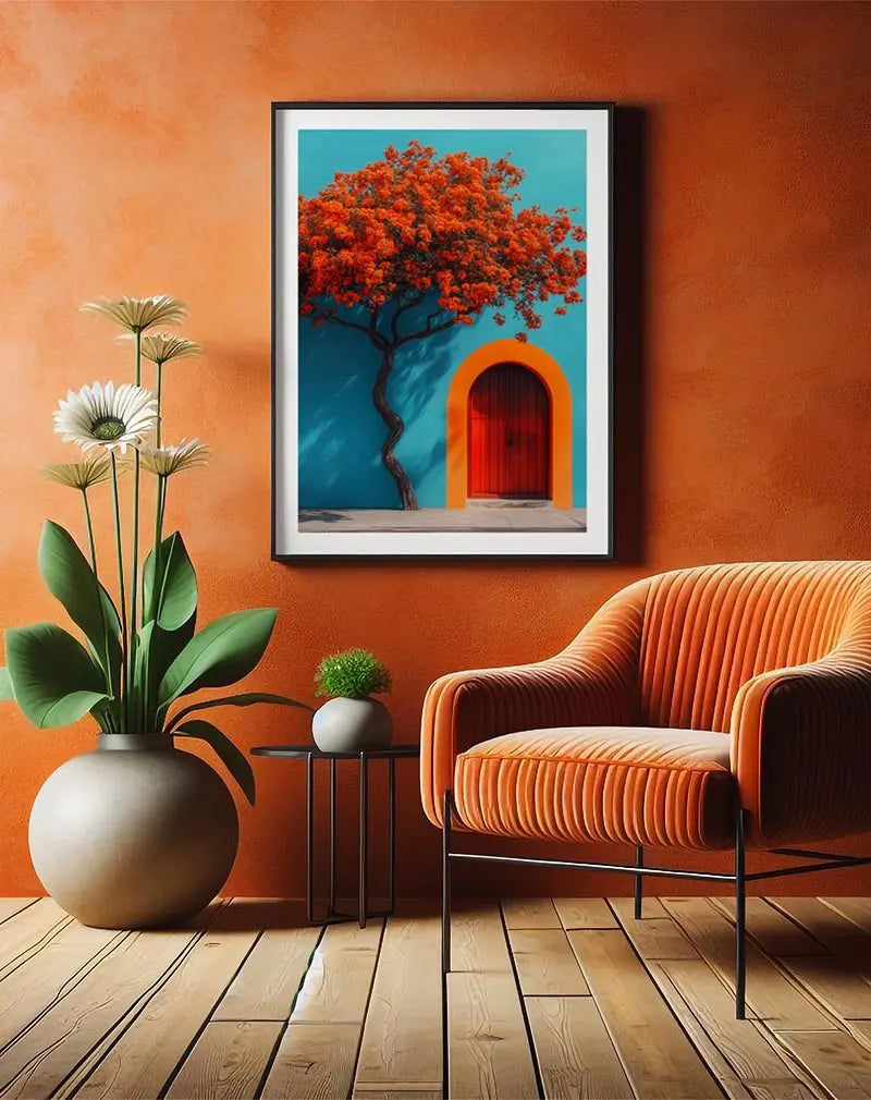 A vibrant wall art illustration featuring a red-blooming tree next to a bold red arched door set against a bright turquoise wall. The striking colors and minimalist architectural details create a visually captivating poster, perfect for adding a pop of color and energy to any space