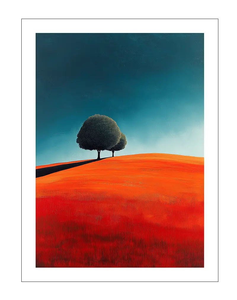 An artistic illustration of two trees standing on a vibrant orange field under a deep blue sky. The rich, contrasting colors create a visually striking composition. Perfect wall art for bringing a sense of calm and bold color to modern living spaces.