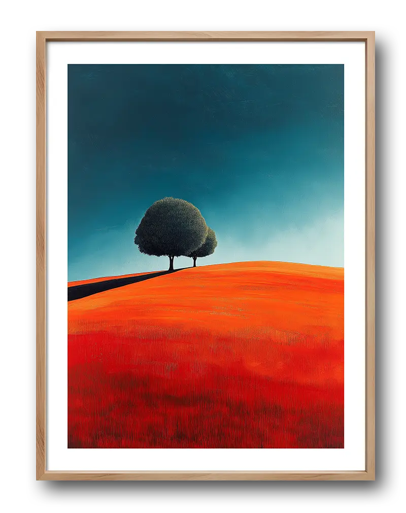 An artistic illustration of two trees standing on a vibrant orange field under a deep blue sky. The rich, contrasting colors create a visually striking composition. Perfect wall art for bringing a sense of calm and bold color to modern living spaces.