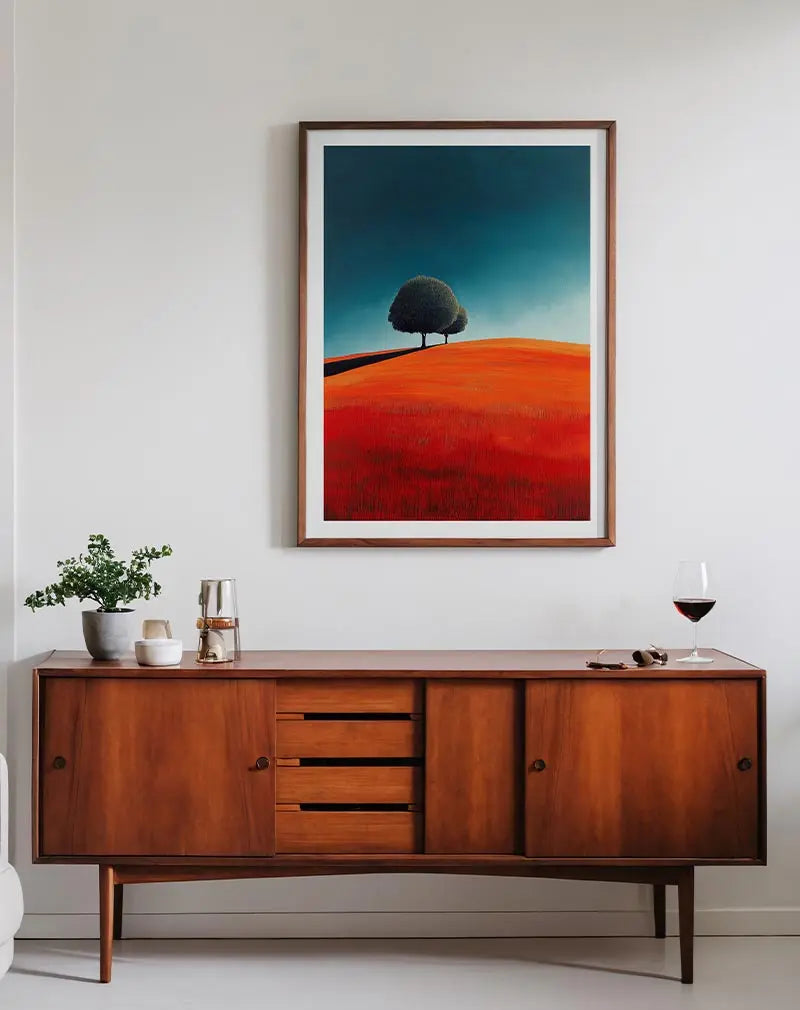 An artistic illustration of two trees standing on a vibrant orange field under a deep blue sky. The rich, contrasting colors create a visually striking composition. Perfect wall art for bringing a sense of calm and bold color to modern living spaces.