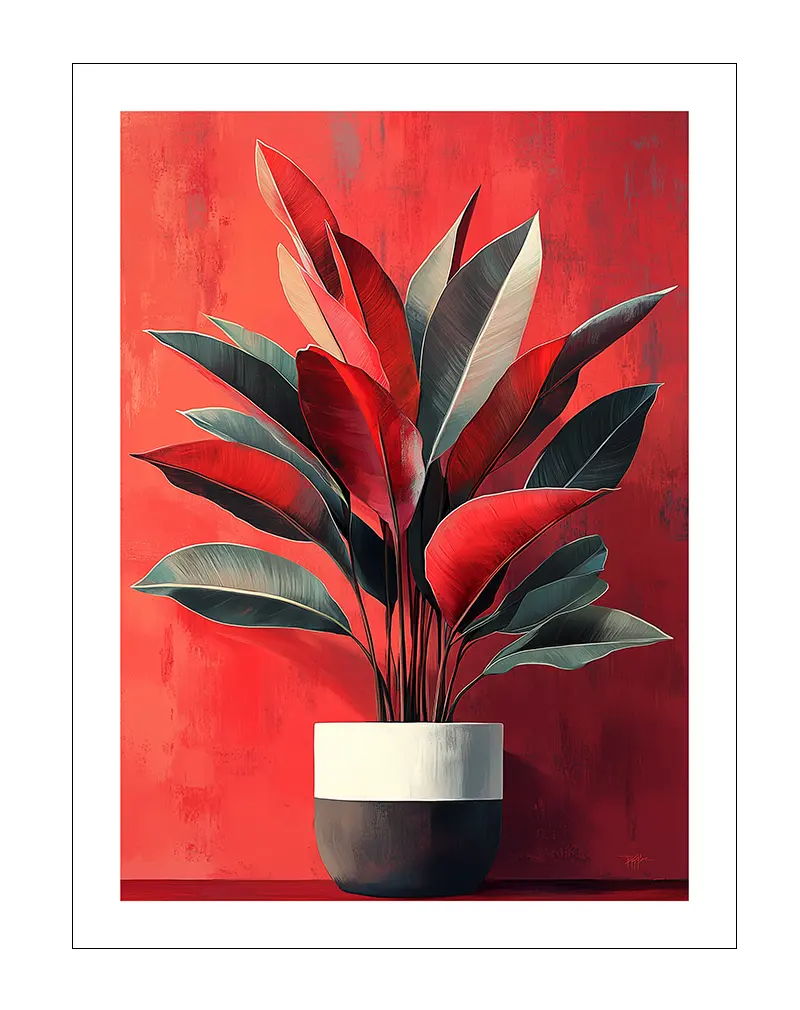 A bold wall art illustration featuring a potted plant with striking red and green leaves against a vibrant red background. The rich color palette and modern plant design make this poster a stylish addition to any room, adding a touch of nature and elegance