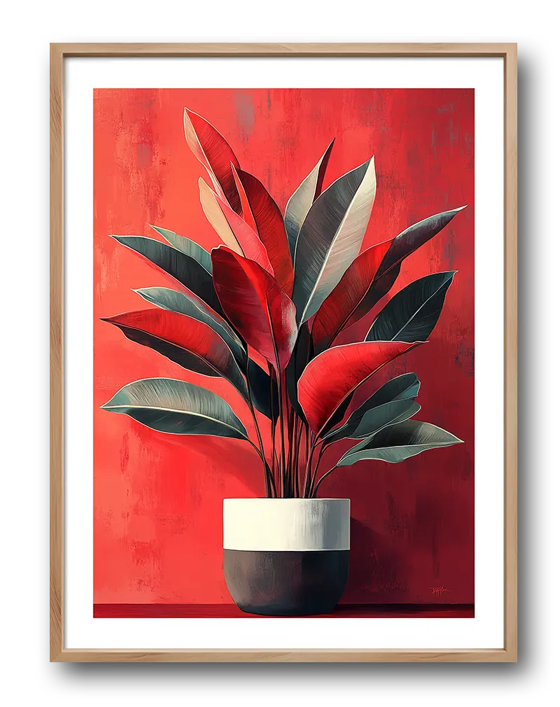 A bold wall art illustration featuring a potted plant with striking red and green leaves against a vibrant red background. The rich color palette and modern plant design make this poster a stylish addition to any room, adding a touch of nature and elegance