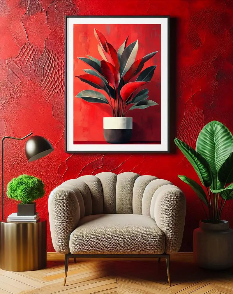 A bold wall art illustration featuring a potted plant with striking red and green leaves against a vibrant red background. The rich color palette and modern plant design make this poster a stylish addition to any room, adding a touch of nature and elegance