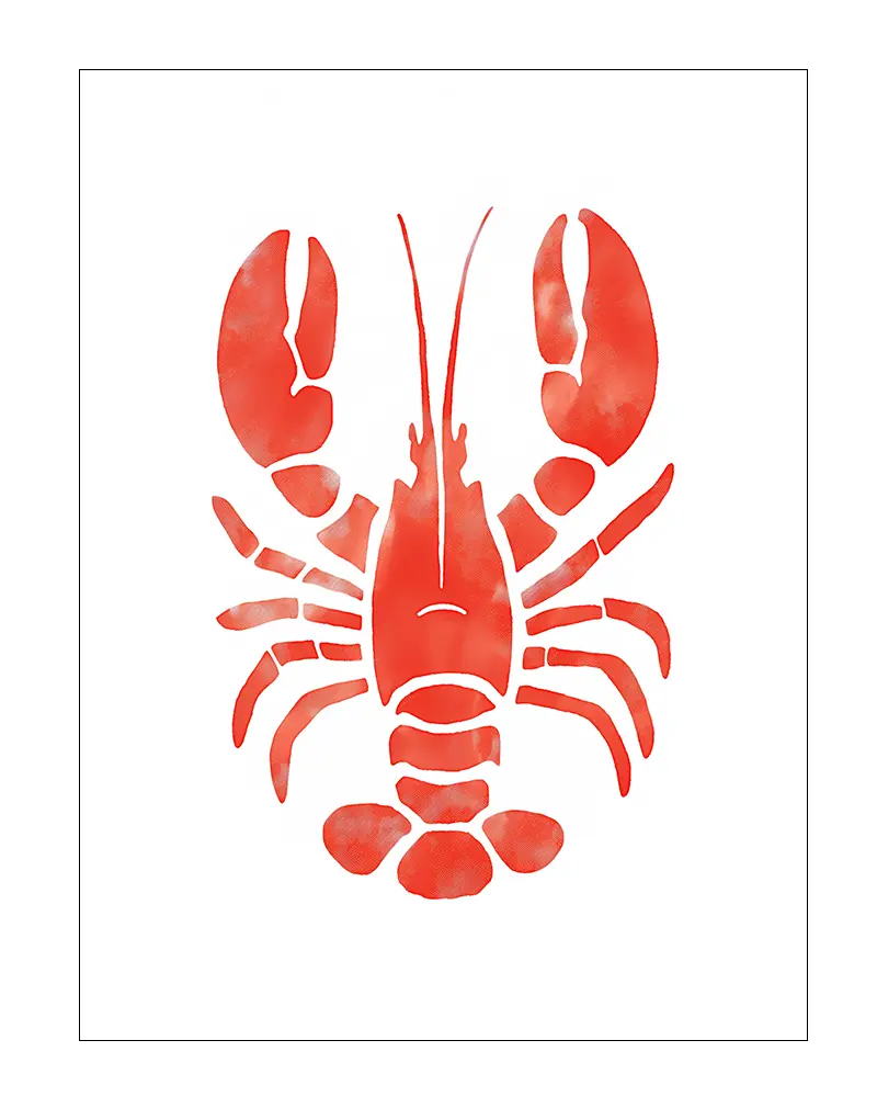 A minimalist red lobster silhouette illustration on a white background. Perfect wall art for beach house or coastal-themed decor, adding a bold and simple marine touch to any space