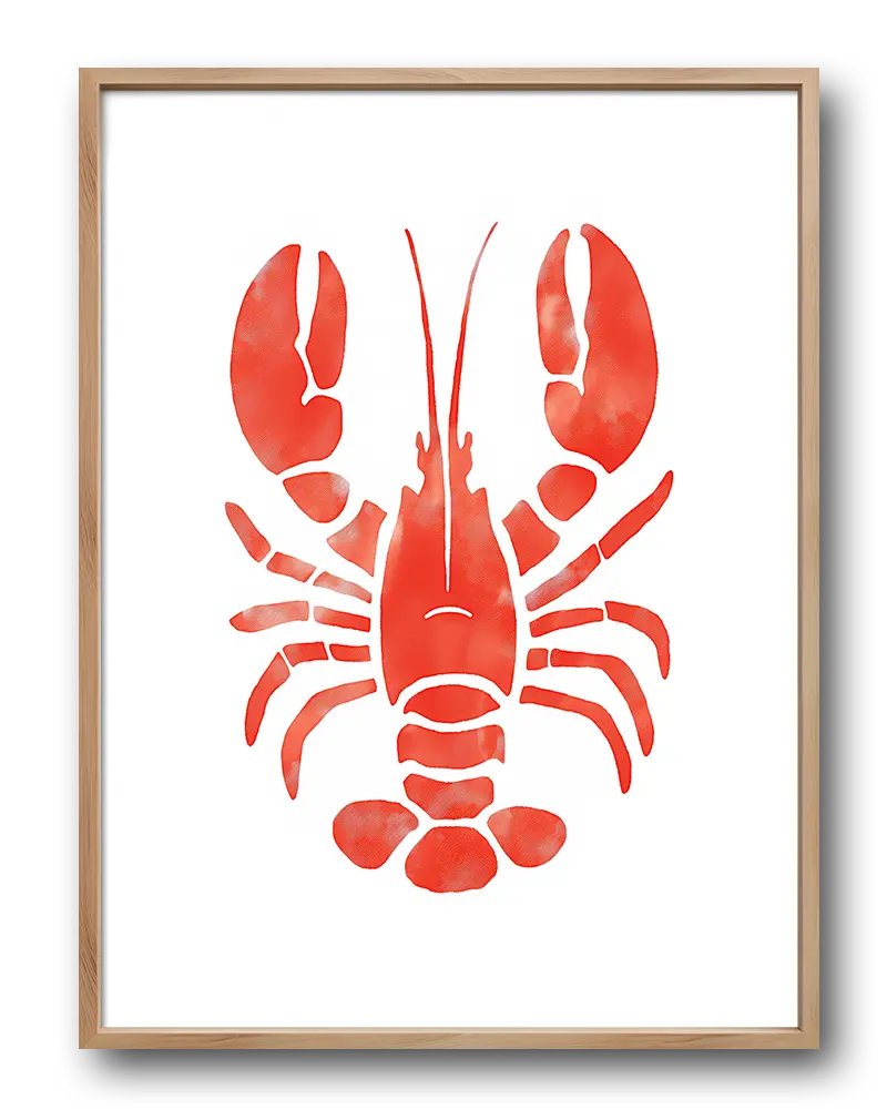 A minimalist red lobster silhouette illustration on a white background. Perfect wall art for beach house or coastal-themed decor, adding a bold and simple marine touch to any space