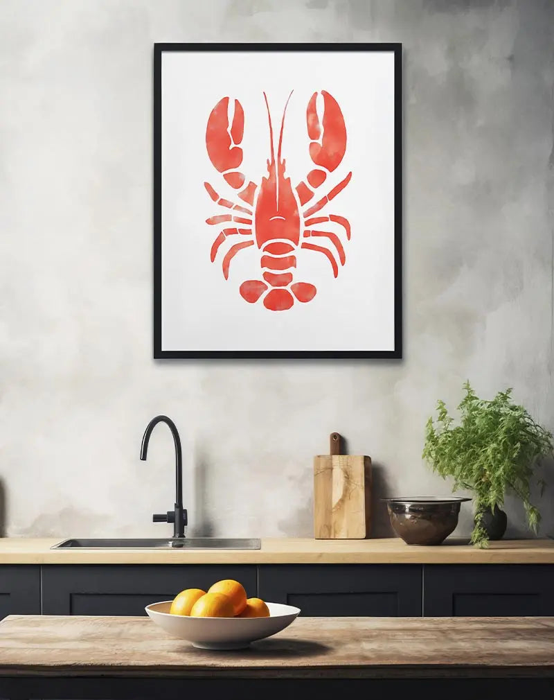 A minimalist red lobster silhouette illustration on a white background. Perfect wall art for beach house or coastal-themed decor, adding a bold and simple marine touch to any space