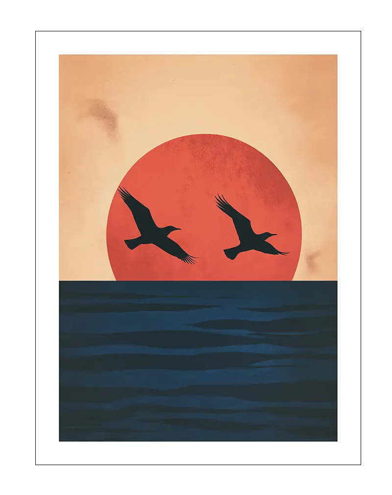 A serene illustration of two birds flying over the ocean with a large red sun setting in the background. Perfect wall art for creating a calm and peaceful atmosphere, ideal for coastal or nature-inspired decor