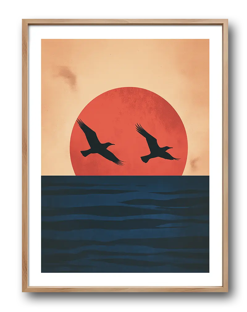 A serene illustration of two birds flying over the ocean with a large red sun setting in the background. Perfect wall art for creating a calm and peaceful atmosphere, ideal for coastal or nature-inspired decor