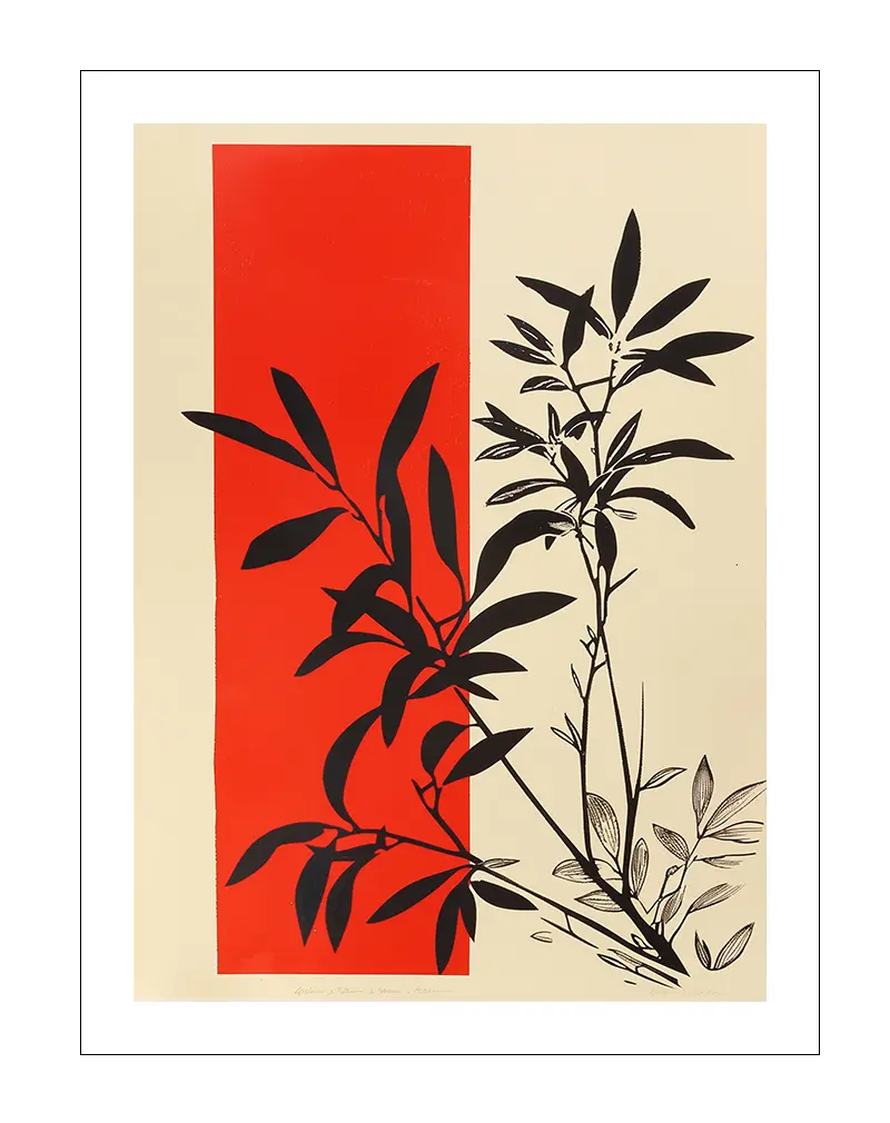 A striking botanical poster featuring black plant silhouettes against a bold red backdrop. Perfect wall art for adding a modern, minimalist touch to any room or space