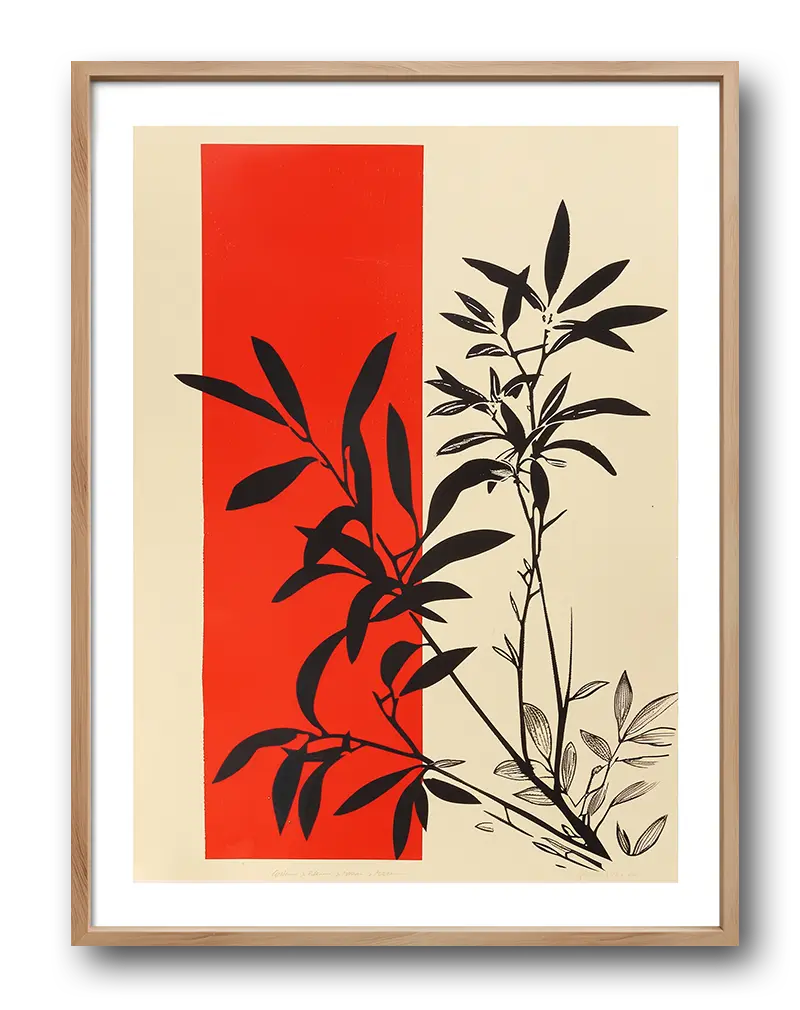 A striking botanical poster featuring black plant silhouettes against a bold red backdrop. Perfect wall art for adding a modern, minimalist touch to any room or space