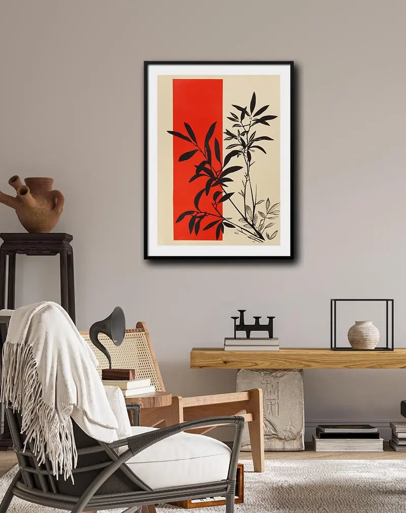 A striking botanical poster featuring black plant silhouettes against a bold red backdrop. Perfect wall art for adding a modern, minimalist touch to any room or space