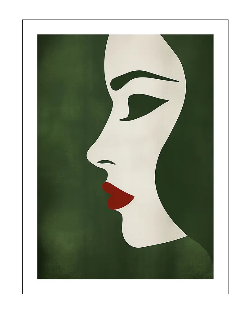 A minimalist illustration of a woman's profile in bold green and red hues. Perfect wall art for adding elegance and a modern touch to any room, ideal for fashion-forward or contemporary decor