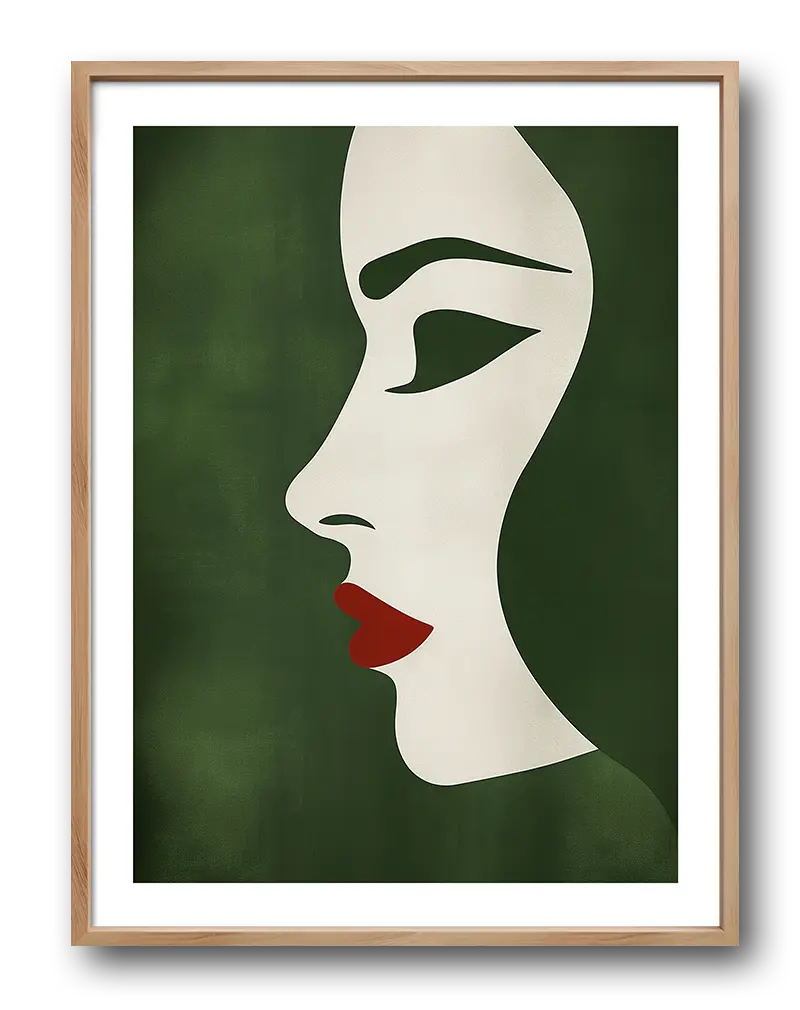 A minimalist illustration of a woman's profile in bold green and red hues. Perfect wall art for adding elegance and a modern touch to any room, ideal for fashion-forward or contemporary decor