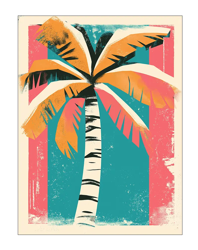 A vintage-style illustration of a palm tree with vibrant orange, pink, and turquoise tones.