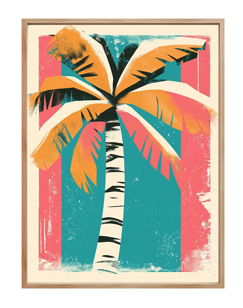 A vintage-style illustration of a palm tree with vibrant orange, pink, and turquoise tones.