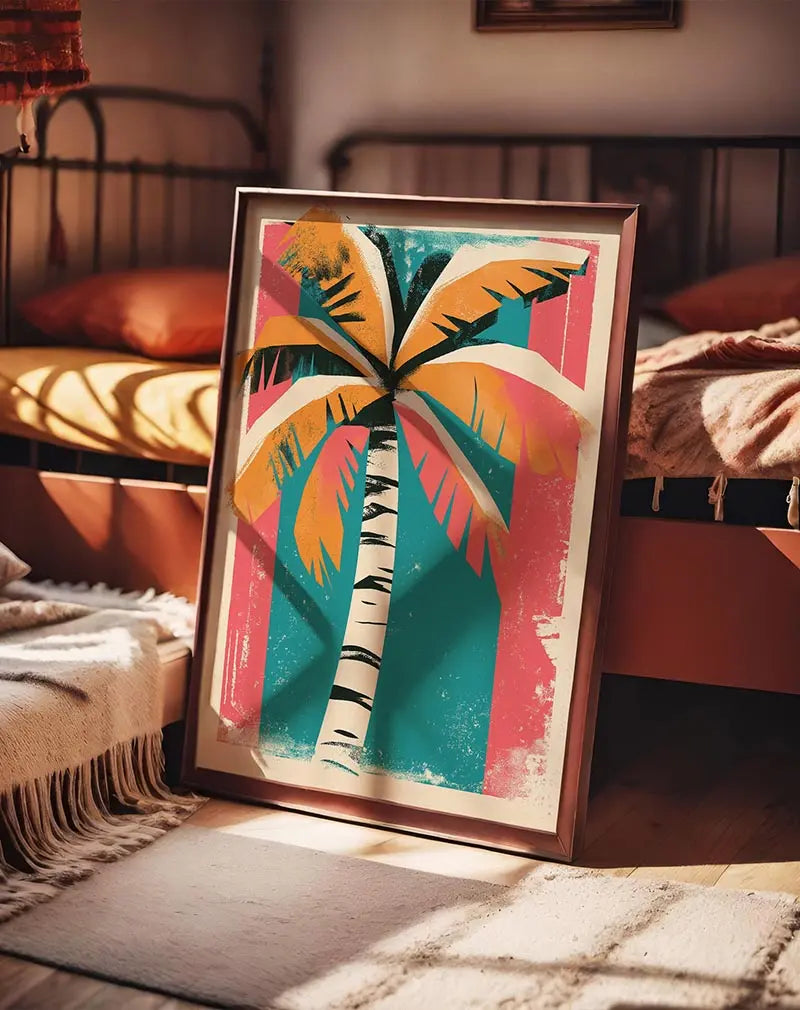 A vintage-style illustration of a palm tree with vibrant orange, pink, and turquoise tones.