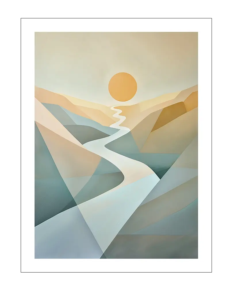 An abstract illustration of a sun rising over geometric mountains with a winding river. Perfect wall art for creating a calming and serene atmosphere in any space, great for modern or minimalist decor