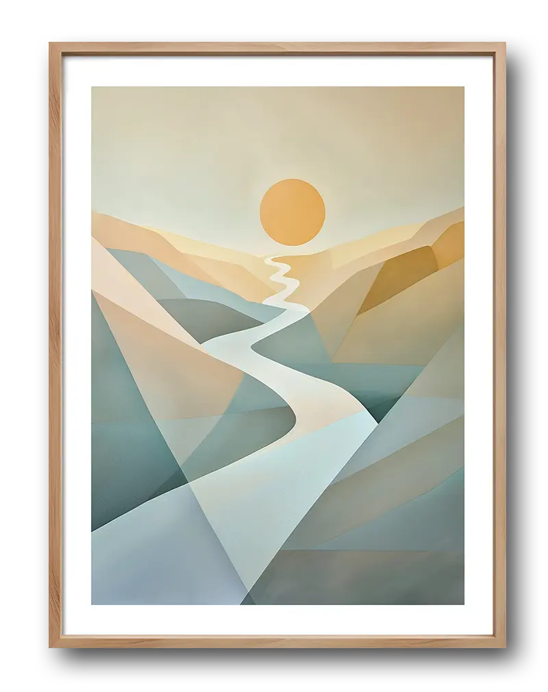 An abstract illustration of a sun rising over geometric mountains with a winding river. Perfect wall art for creating a calming and serene atmosphere in any space, great for modern or minimalist decor