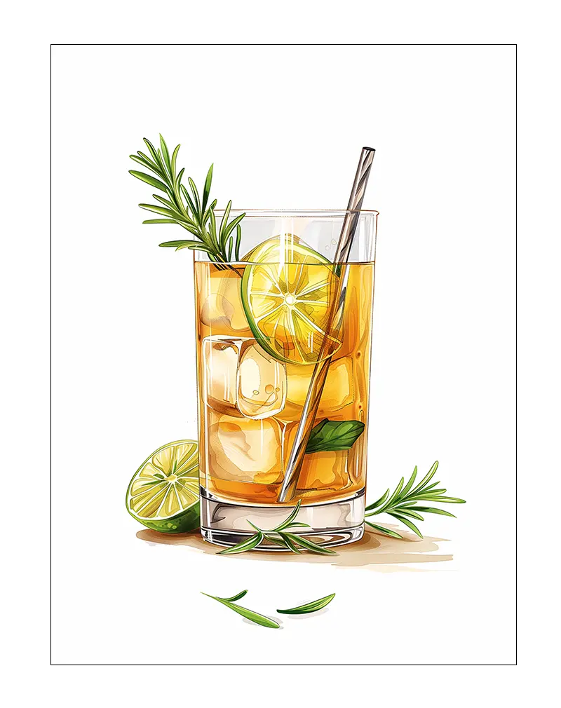 An illustration of a refreshing cocktail with lime slices, ice cubes, and rosemary garnish in a clear glass. Perfect wall art for a kitchen or dining area, bringing a fresh and vibrant touch to your space