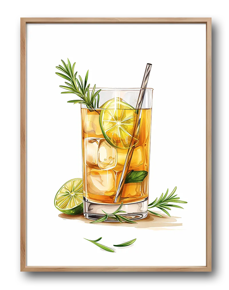 An illustration of a refreshing cocktail with lime slices, ice cubes, and rosemary garnish in a clear glass. Perfect wall art for a kitchen or dining area, bringing a fresh and vibrant touch to your space