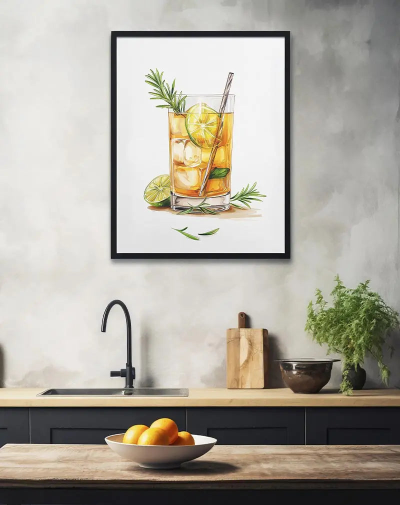 An illustration of a refreshing cocktail with lime slices, ice cubes, and rosemary garnish in a clear glass. Perfect wall art for a kitchen or dining area, bringing a fresh and vibrant touch to your space