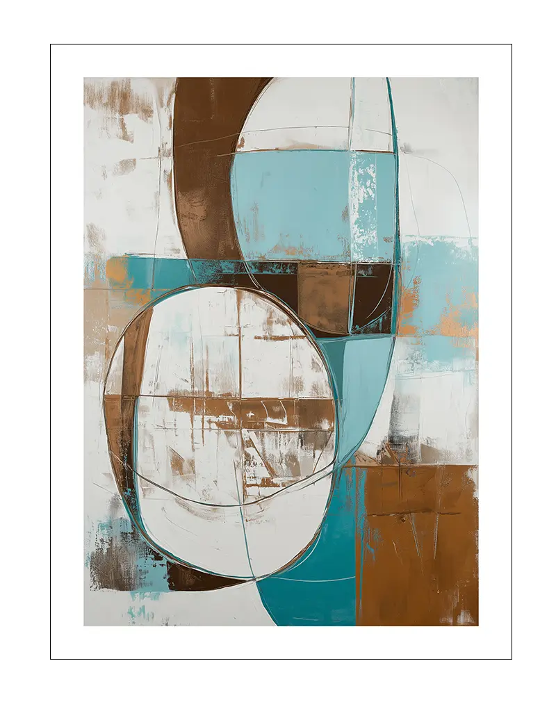 An abstract painting with geometric shapes in shades of brown, blue, and white. Perfect wall art for a modern living room or office, adding an artistic and contemporary vibe to any space