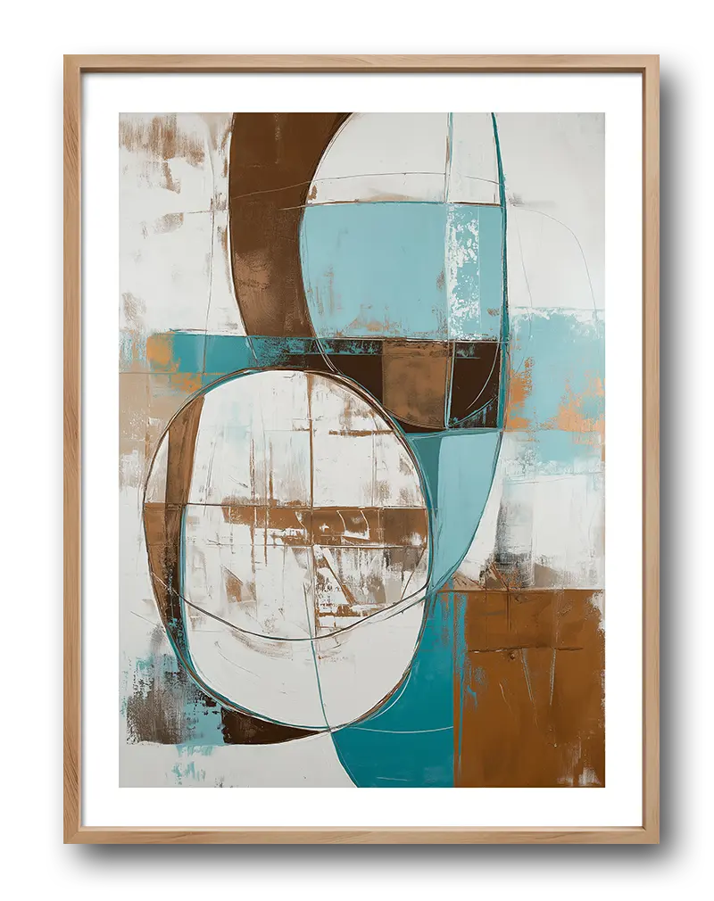 An abstract painting with geometric shapes in shades of brown, blue, and white. Perfect wall art for a modern living room or office, adding an artistic and contemporary vibe to any space