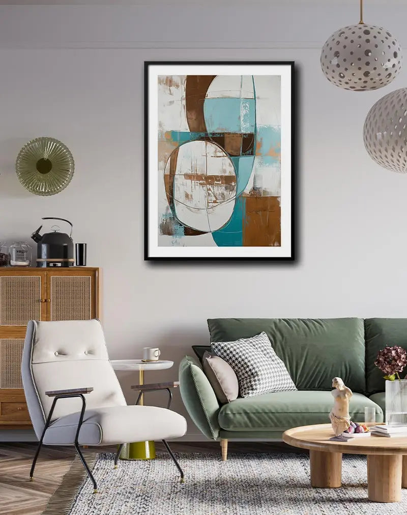 An abstract painting with geometric shapes in shades of brown, blue, and white. Perfect wall art for a modern living room or office, adding an artistic and contemporary vibe to any space