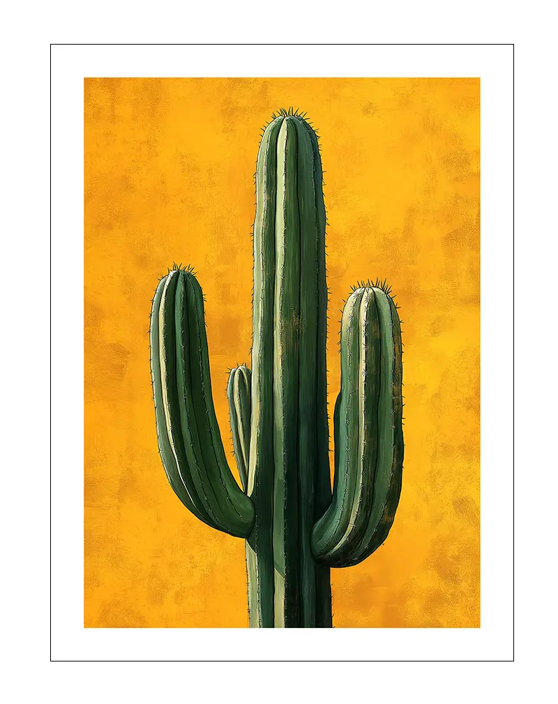 A vibrant wall art featuring a tall green cactus set against a bold yellow background. This striking illustration captures the beauty of desert life and brings a fresh and dynamic touch to any space. Perfect wall art for modern interiors and nature lovers