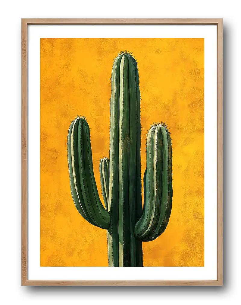 A vibrant wall art featuring a tall green cactus set against a bold yellow background. This striking illustration captures the beauty of desert life and brings a fresh and dynamic touch to any space. Perfect wall art for modern interiors and nature lovers