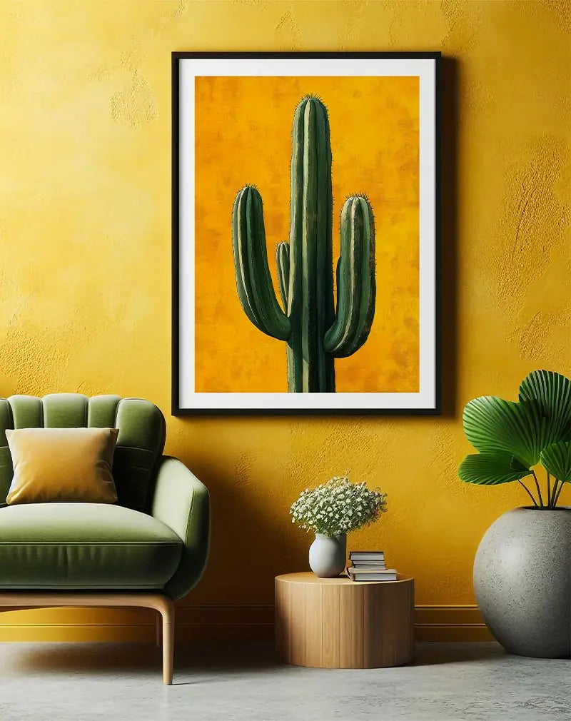 A vibrant wall art featuring a tall green cactus set against a bold yellow background. This striking illustration captures the beauty of desert life and brings a fresh and dynamic touch to any space. Perfect wall art for modern interiors and nature lovers