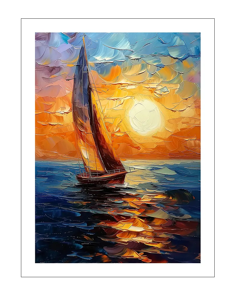 A vibrant painting of a sailboat on the water during a beautiful sunset, with bold colors of orange, blue, and purple. Perfect wall art for lovers of the sea, bringing warmth and movement to any room