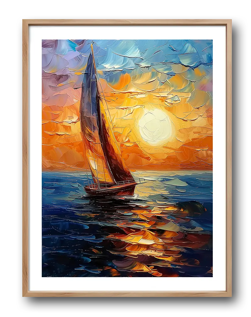 A vibrant painting of a sailboat on the water during a beautiful sunset, with bold colors of orange, blue, and purple. Perfect wall art for lovers of the sea, bringing warmth and movement to any room