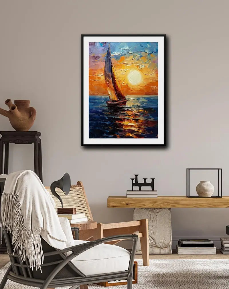 A vibrant painting of a sailboat on the water during a beautiful sunset, with bold colors of orange, blue, and purple. Perfect wall art for lovers of the sea, bringing warmth and movement to any room