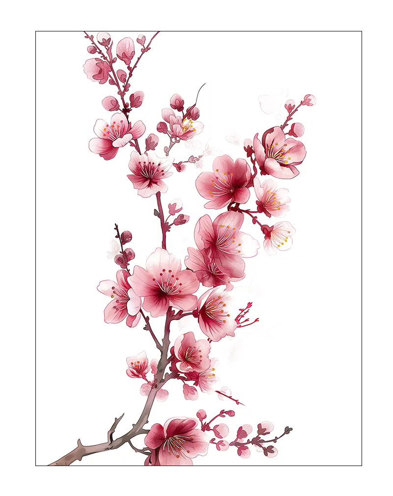 A delicate illustration of a cherry blossom branch with soft pink flowers in full bloom, set against a white background. Perfect wall art or poster to bring a touch of nature and elegance into any space