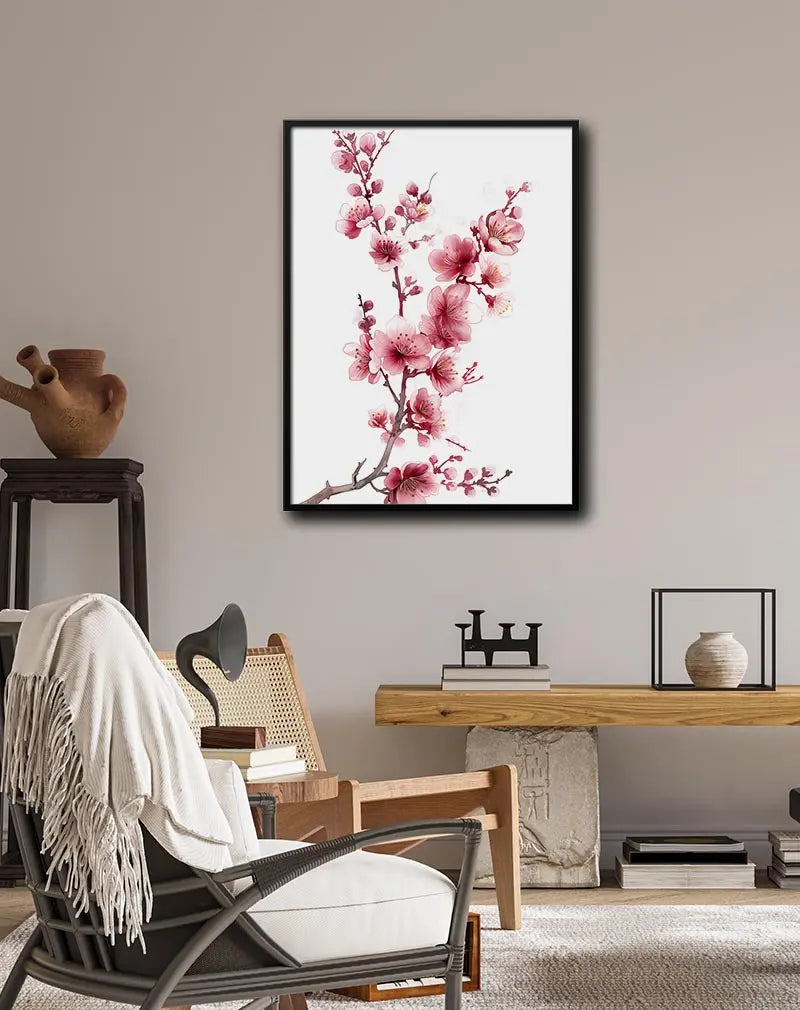 A delicate illustration of a cherry blossom branch with soft pink flowers in full bloom, set against a white background. Perfect wall art or poster to bring a touch of nature and elegance into any space