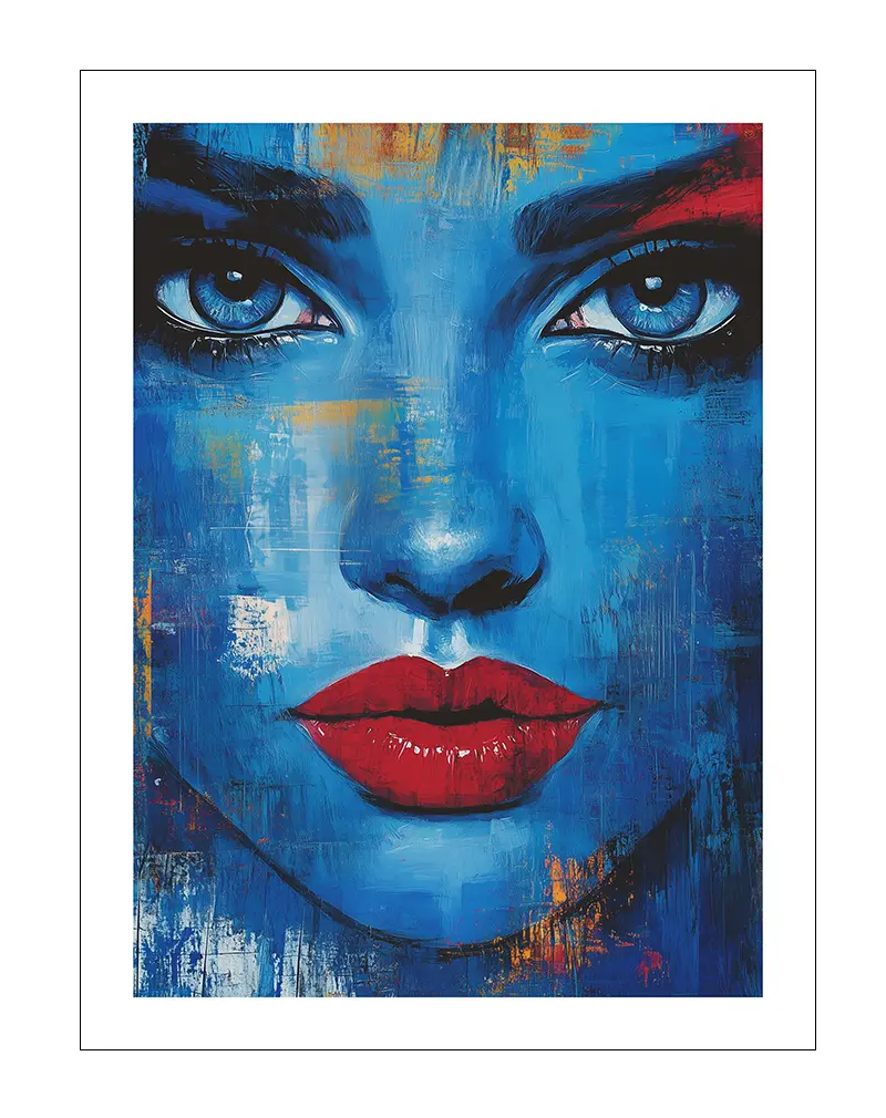 A striking illustration of a woman's face in vivid shades of blue with bold red lips, blending abstract brushstrokes. This vibrant and contemporary wall art creates a captivating focal point, adding a touch of modern elegance and mystery to any space. Perfect wall art for artistic and expressive interiors