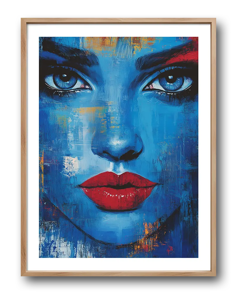 A striking illustration of a woman's face in vivid shades of blue with bold red lips, blending abstract brushstrokes. This vibrant and contemporary wall art creates a captivating focal point, adding a touch of modern elegance and mystery to any space. Perfect wall art for artistic and expressive interiors