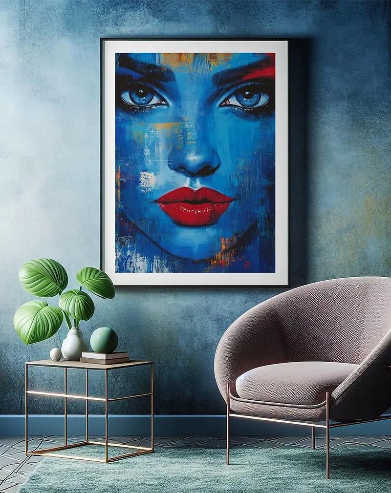 A striking illustration of a woman's face in vivid shades of blue with bold red lips, blending abstract brushstrokes. This vibrant and contemporary wall art creates a captivating focal point, adding a touch of modern elegance and mystery to any space. Perfect wall art for artistic and expressive interiors